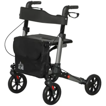 HOMCOM Cadru de Mers Pliabil cu 4 Roti, Scaun, Spatar si Inaltime Reglabila, din Aluminiu, 63x67x80-93 cm, Negru | Aosom Romania imagine