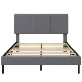 HOMCOM Cadru de pat 140 x 200 cm cu tablie reglabila, pat captusit cu aspect de in cu 12 lamele | Aosom Romania imagine