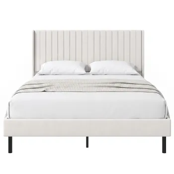 HOMCOM Cadru de pat 140 x 200 cm cu tablie reglabila, pat tapitat cu 12 lamele, bej | Aosom Romania imagine