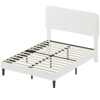 HOMCOM Cadru de pat 140x190cm cu somiera, tablie reglabila, pat dublu tapitat in velur Teddy, lamele metalice, alb | Aosom Romania imagine