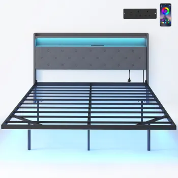 HOMCOM Cadru de pat 160 x 200 cm cu somiera din otel, pat dublu plutitor cu lumini LED RGB si statie de incarcare, gri | Aosom Romania imagine