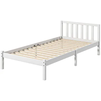 HOMCOM Cadru de pat din lemn masiv 90x190 cm pat single cu tablie si somiera cu lamele solid pentru copii adulti | Aosom Romania imagine