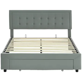 HOMCOM Cadru de pat dublu cu somier cutie cu pistoane, sertar pe roti, cap reglabil capitonat cu efect de catifea, gri | Aosom Romania imagine