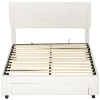 HOMCOM Cadru de pat dublu cu somiera si spatiu de depozitare pe pistoane, sertar pe roti, tablie reglabila capitonata efect velur, crem | Aosom Romania imagine