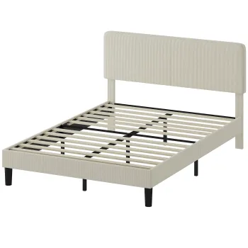 HOMCOM Cadru de Pat Matrimonial 140x200 cm Cap de Pat Reglabil pe Inaltime Imbracat in Catifea, Pat Matrimonial cu Sipci de Lemn, pentru Dormitor, Montaj Usor, Gri Deschis | Aosom Romania imagine