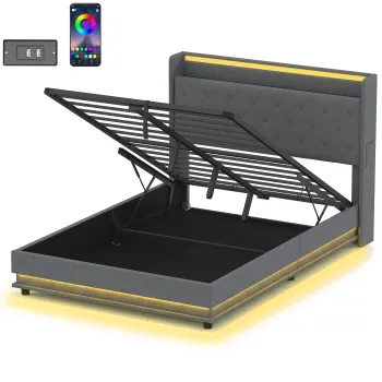 HOMCOM Cadru pat 140 x 200 cm cu tablie si picior, pat tip platforma cu depozitare hidraulica, lumini LED | Aosom Romania imagine