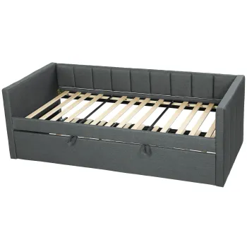 HOMCOM Cadru Pat Simplu 90x190 cm, Canapea cu Al Doilea Pat Extensibil, Tetiera Captusita, Cotiere, Lamele din Lemn de Plop, pentru Camera Living Oaspeti, Fara Saltea, Gri Inchis | Aosom Romania imagine