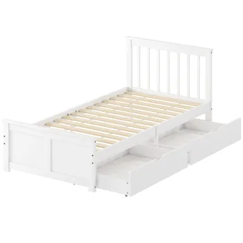 HOMCOM Cadru pat single, cadru din lemn, sertare pe roti, nu necesita somiera, 90 x 200 cm, Alb | Aosom Romania imagine