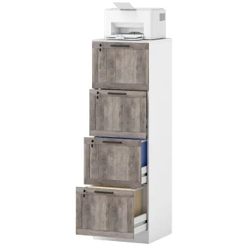 HOMCOM Cajoniera de Birou cu 4 Sertare Incuietoare 2 Chei Bare Suspendate pentru A4 Scrisoare 39,4x40x129 cm Alb si Lemn | Aosom Romania imagine