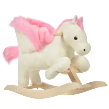 HOMCOM Cal Balansoar Alb si Roz cu Sunete si Structura din Lemn de Plop imagine