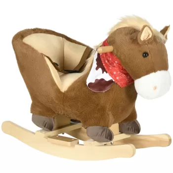 HOMCOM Cal Balansoar pentru Copii, Scaun Balansoar de Plus pentru Copii cu Ham de Siguranta, Sunet Realist, Maro imagine