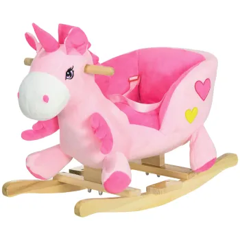 HOMCOM Cal Balansoar, Unicorn Balansoar din Plus cu Baza din Lemn si Centura de Siguranta pentru Copii, 65x35x45 cm, Roz | Aosom Romania imagine