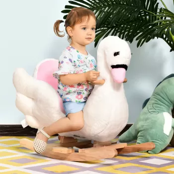 HOMCOM Cal tip Balansoar Lebada cu Musica, Structura din Metal si Lemn, Tapiterie Plus, 60x32x55cm, Alb Musica Lemn Plus 60x32x55cm | AOSOM.ro imagine