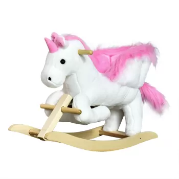 HOMCOM Cal tip Balansoar Unicorn cu Musica, Structura din Metal si Lemn, Tepiterie din Plus, 65x32x55cm, Alb Roz imagine