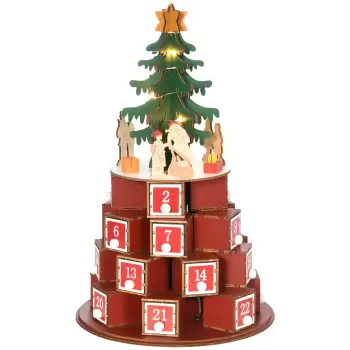 HOMCOM Calendar Advent de Craciun din lemn, cu lumini LED, pentru copii si adulti, rosu si verde imagine