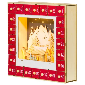 HOMCOM Calendar de Advent cu LED, decoratiuni de Craciun din lemn, 24 sertare de umplut, decoratiune luminoasa, rosu | Aosom Romania imagine