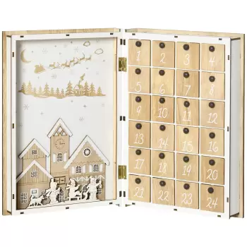 HOMCOM Calendar de Advent de Craciun in forma de carte cu decoratiuni tematice, 22x7x32 cm, din placaj, culoare alb si lemn imagine