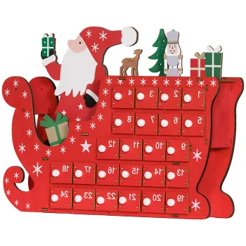 HOMCOM Calendar de Advent de umplut din lemn, decoratiune de Craciun cu 24 sertare, Mos Craciun si sanie, 22,5x8x36cm, rosu | Aosom Romania imagine