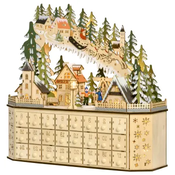 HOMCOM Calendar de Advent Decoratiune de Craciun, 24 sertare, lumini LED, 39 cm x 9 cm x 42 cm, Alb + Verde | Aosom Romania imagine
