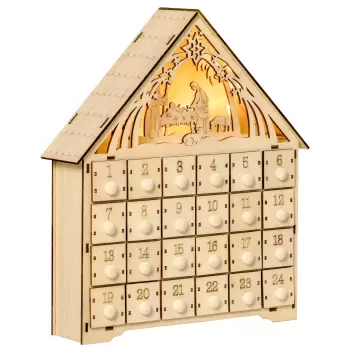 HOMCOM Calendar de Advent din Lemn 24 Sertare Decoratiune de Craciun cu Nasterea Domnului Sculptata si Luminite, 26.6x6x30cm imagine