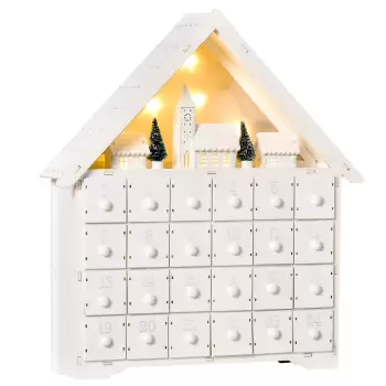 HOMCOM Calendar de  Advent din Lemn cu 24 de Sertare de Umplut, Decoratiune cu  Satul de Craciun cu Brazi si Lumini, 44x10x37cm imagine