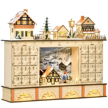 HOMCOM Calendar de  Advent din Lemn cu 24 de Sertare de Umplut, Decoratiune cu  Satul de Craciun si Lumini, 44x10x37cm imagine