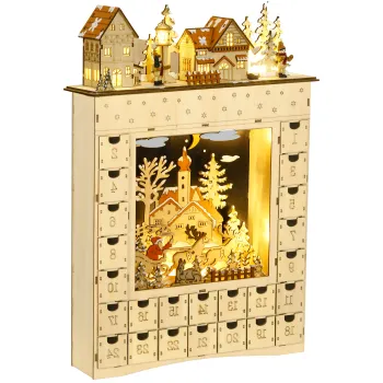 HOMCOM Calendar de Advent LED in forma de sat acoperit de zapada cu 24 de sertarase decoratiune luminoasa de Craciun bej | Aosom Romania imagine