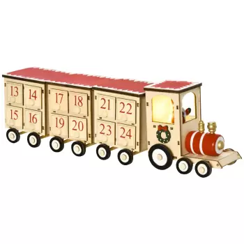 HOMCOM Calendar de Craciun in forma de tren cu Mos Craciun si lumina LED inclusa, din placaj, 40x8x11 cm, lemn si rosu imagine
