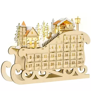 HOMCOM Calendarde Advent din Lemn in Forma de Sanie cu 24 de Sertare de Umplut, Decoratiuni si Lumini LED, 45x10x31cm LED imagine