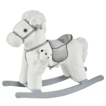 HOMCOM Calut-balansoar din plus si lemn cu sunete si ursulet de plus inclus, pentru copii de la 18-36 luni, 65x26x55 cm, Alb imagine