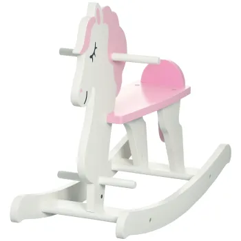 HOMCOM Calut Balansoar pentru Copii de 1-3 Ani din Lemn cu Ghidon si Pedale Suport 50 kg 68x27x46,5 cm Alb si Roz | Aosom Romania imagine
