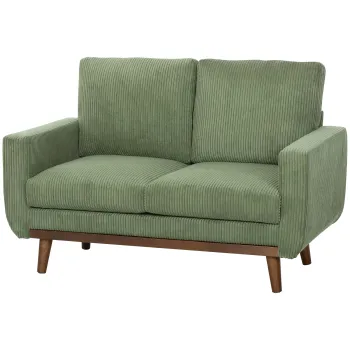 HOMCOM Canapea 2 locuri, 134 cm, catifea cotelata cu arcuri in buzunar, spatar gros, accent cu sipci din lemn, Grun | Aosom Romania imagine