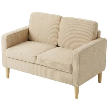 HOMCOM Canapea 2 locuri cu 2 perne decorative, depozitare, picioare din lemn masiv, loveseat mic modern, catifea cotelata, 117 x 63 x 79 cm, bej | Aosom Romania imagine