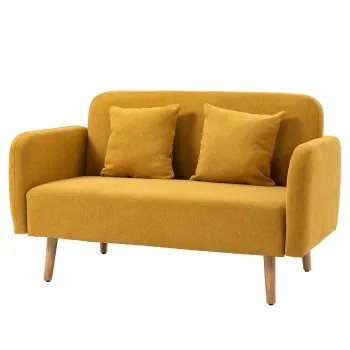 HOMCOM Canapea 2 locuri cu 2 perne decorative, loveseat mic din catifea, canapea tapitata moderna pentru living, dormitor, spatiu mic, Galben 130 x 70 x 80 cm | Aosom Romania imagine