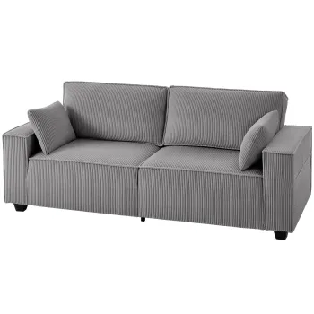 HOMCOM Canapea 3 locuri 218 cm, canapea moderna cotelata cu tapiterie cu arcuri in buzunar, brate late si 2 perne, gri deschis | Aosom Romania imagine