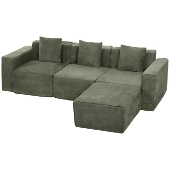 HOMCOM Canapea 3 locuri cu pouf reversibil, canapea coltar modulara din chenille 251 cm moderna, sezut lat, verde | Aosom Romania imagine