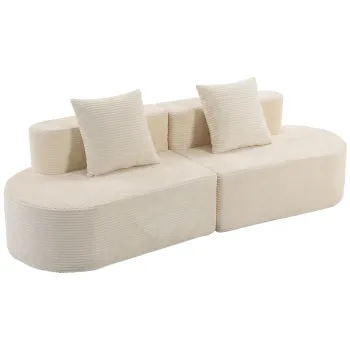 HOMCOM Canapea 3 locuri curbata, catifea cu nervuri 245cm, canapea living, sezut adanc, 2 perne, livrat comprimat, crem | Aosom Romania imagine