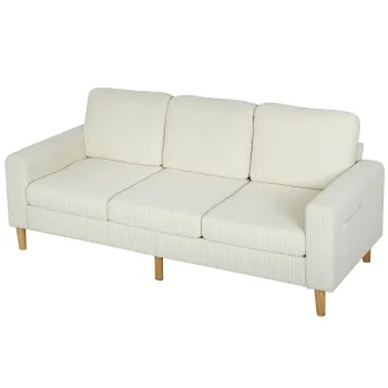 HOMCOM Canapea 3 locuri din catifea cotelata, canapea cu perne cu arcuri si sezut rembursat, 192x80x84,5cm, bej | Aosom Romania imagine