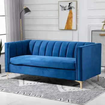 HOMCOM Canapea 3 locuri din catifea cu tapiterie si picioare aurii, canapea cu brate si perna cu husa detasabila, albastru, 181 x 86 x 78cm imagine
