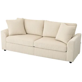HOMCOM Canapea 3 Locuri din Catifea Reiata cu 2 Perne, 212x80x88 cm, Crem | Aosom Romania imagine
