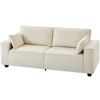 HOMCOM Canapea 3 locuri din velur canelat 218 cm, canapea de living, perne cu arcuri, cotiere late, 2 perne, bej | Aosom Romania imagine