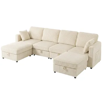 HOMCOM Canapea 4 locuri cu 2 pufuri de depozitare, canapea de colt modulara in U 306 cm din catifea reiata, 4 perne, crema | Aosom Romania imagine