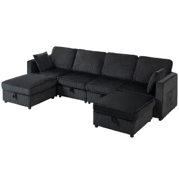 HOMCOM Canapea colt 4 locuri forma U cu ottoman cu depozitare, coltar 306 cm cu aspect cord, 4 perne, pentru living | Aosom Romania imagine
