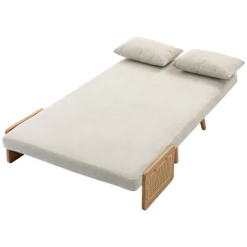 HOMCOM Canapea convertibila 2 locuri, canapea-pat 3 in 1 Chenille 103cm, spatar reglabil, 2 perne, cotiere din lemn, crem | Aosom Romania imagine