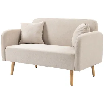 HOMCOM Canapea cu 2 locuri, Canapea, Design Modern, Incl. 2 Perne, Picioare din Lemn, 130 x 70 x 80 cm, Crem | Aosom Romania imagine