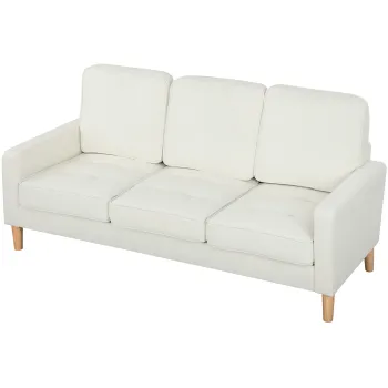 HOMCOM Canapea cu 3 locuri cu perne groase, lemn de cauciuc, acoperis textil, canapea capitonata pentru sufragerie, birou, dormitor, crem-alb | Aosom Romania imagine