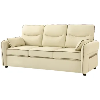 HOMCOM Canapea cu 3 Locuri Tapitata din Piele Ecologica cu Cusaturi Contrastante, Canapea pentru Sufragerie cu Perne Groase, 2 Perne Detasabile si Lavabile, Brate si Buzunare Laterale, 190x83x90 cm, Bej | Aosom Romania imagine