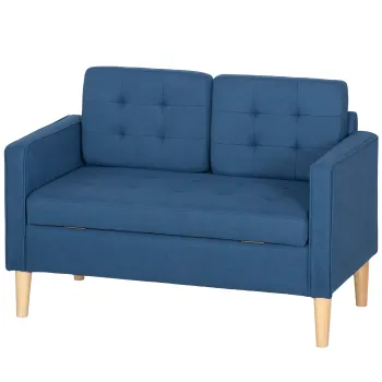 HOMCOM Canapea cu doua locuri cu depozitare, capitonare cu nasturi, perne, lemn de cauciuc, 117x62x78cm, Albastru | Aosom Romania imagine
