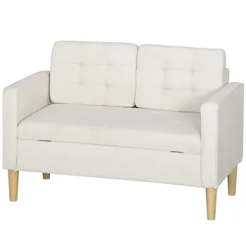 HOMCOM Canapea cu doua locuri cu spatiu de depozitare, capitonare cu nasturi, perne, lemn de cauciuc, 117x62x78cm, alb crem | Aosom Romania imagine