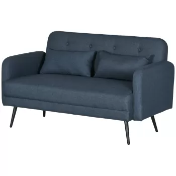 HOMCOM Canapea de 135cm pentru Dormitor, Mobilier Modern pentru Canapele cu Plus, Canapea Capitonata cu 2 Locuri cu Perne Decorative, Cadru din Lemn Masiv, Albastru Inchis imagine